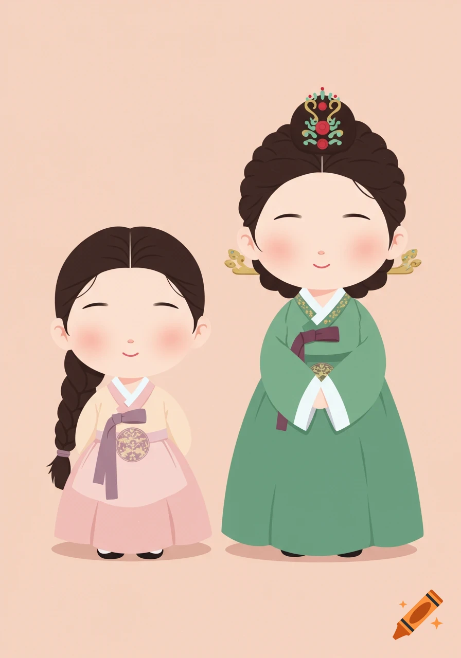 Two cute cartoon Korean characters: a princess in pastel hanbok with a braid and a queen in a green royal dress with ornate hair accessories, on a pink background.