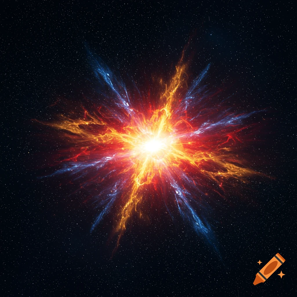 A vibrant cosmic explosion with red, orange, and blue tendrils of light and gas against a dark starry background.