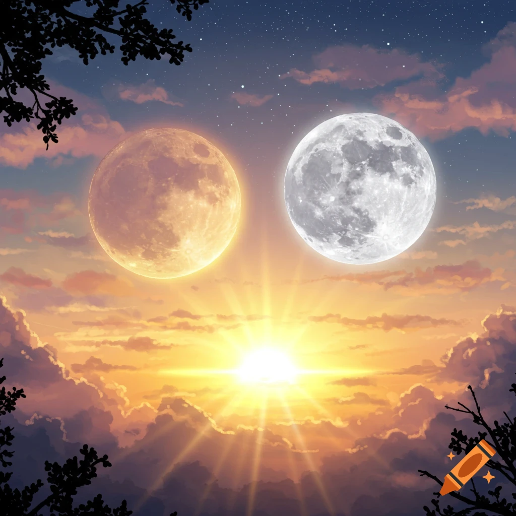 Two moons (one orange, one grey) and a bright sun illuminate a cloudy sunset sky with dark tree branches.