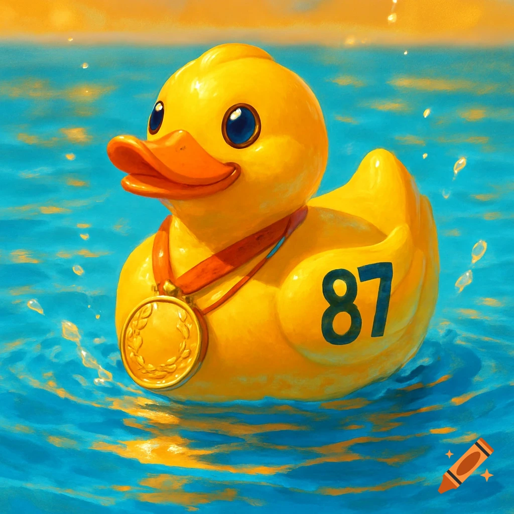 A yellow rubber duck with the number 87, wearing a gold medal, floats in blue water with reflections.