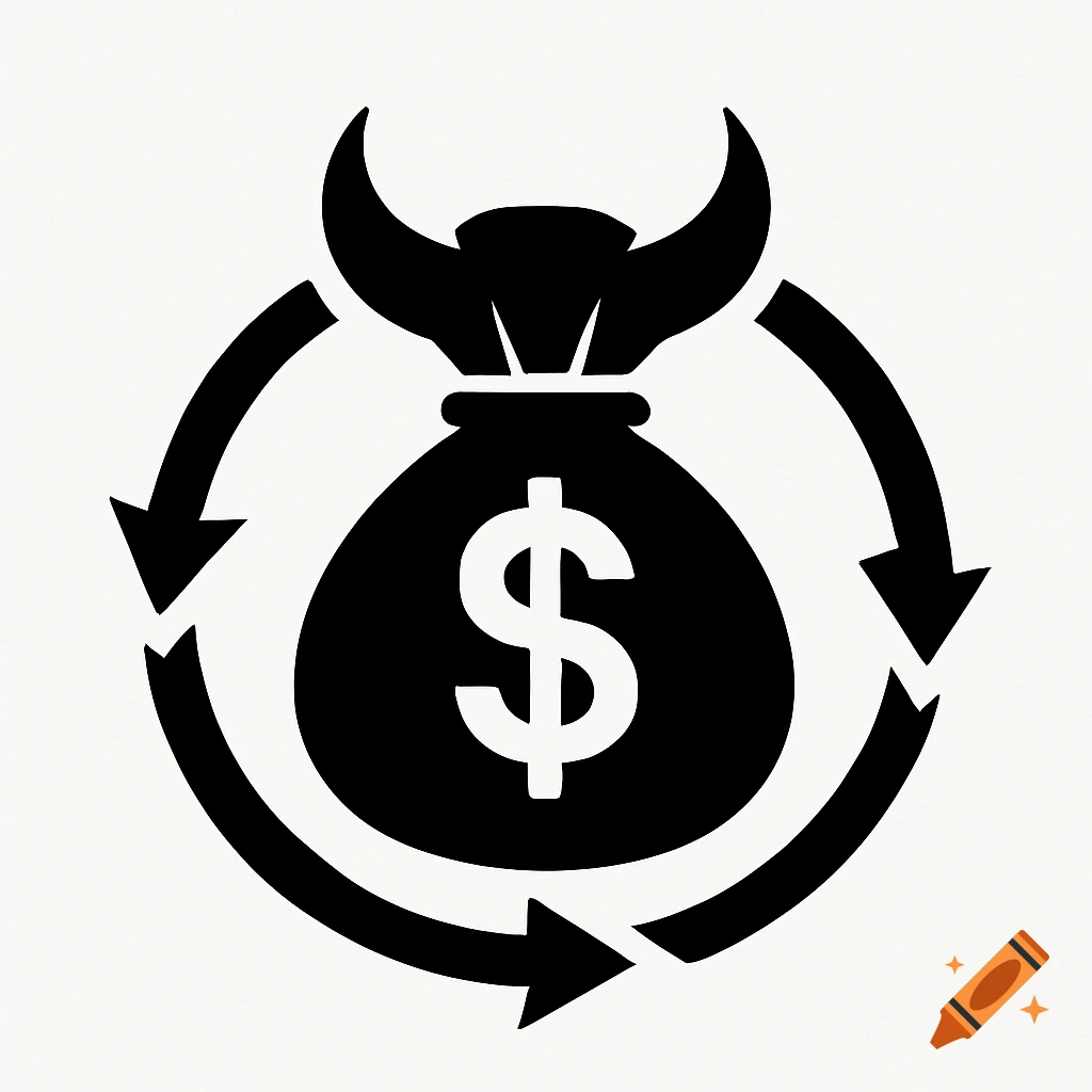 Black silhouette logo of a money bag with a dollar sign, devil horns, and three circular arrows.