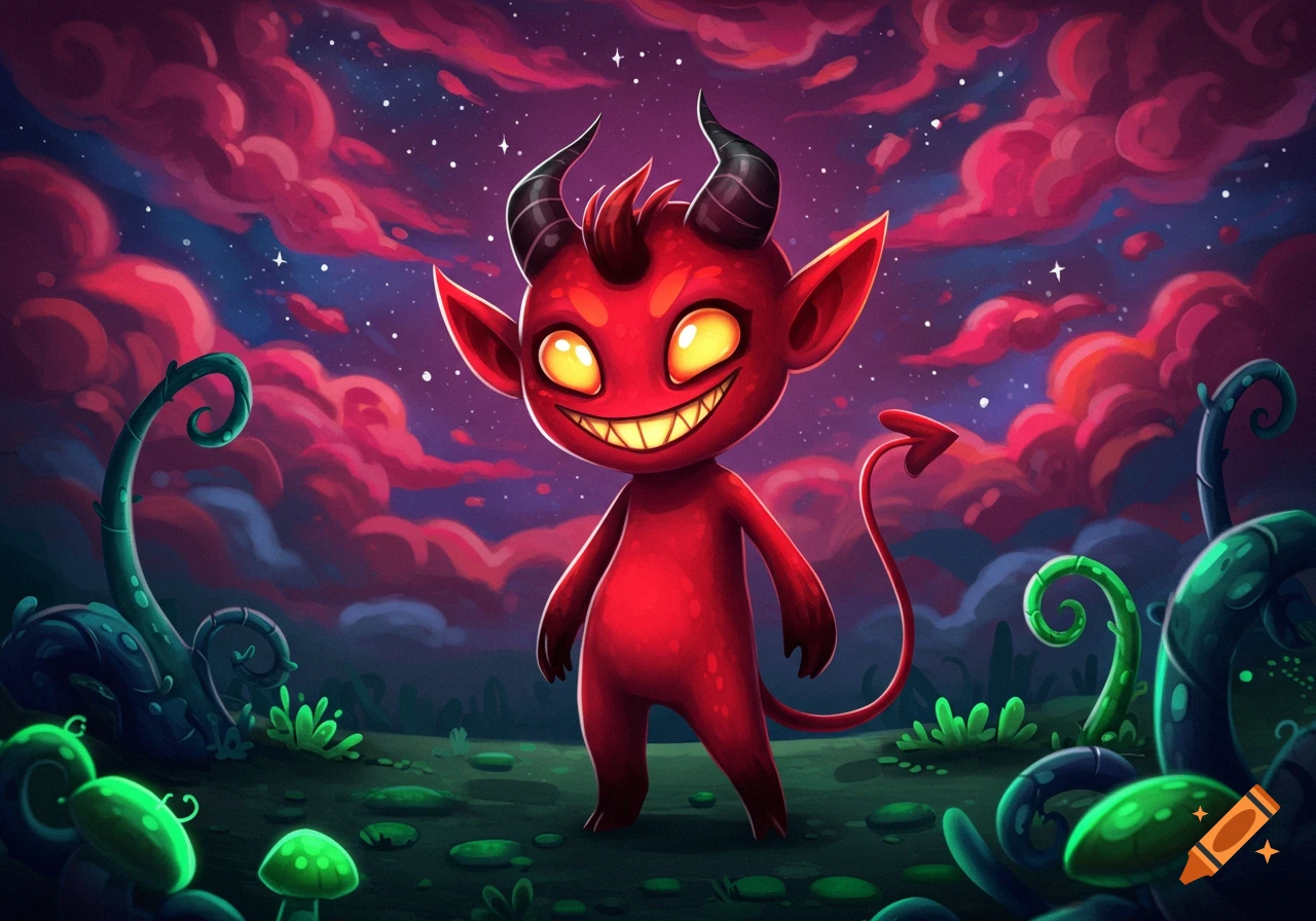 A grinning cartoon red demon with horns and a tail stands in a glowing fantasy landscape under a starry, red-clouded sky.