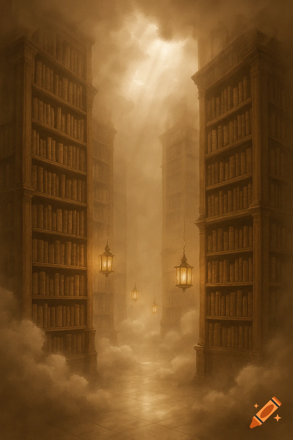 A mystical library with tall bookshelves disappearing into a golden mist, lit by hanging lanterns, creating a dreamlike ambiance.