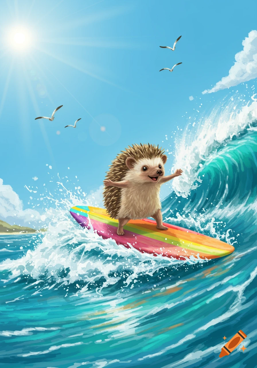 A cute illustrated hedgehog happily surfs a bright rainbow surfboard on a blue ocean wave under a sunny sky with seagulls.