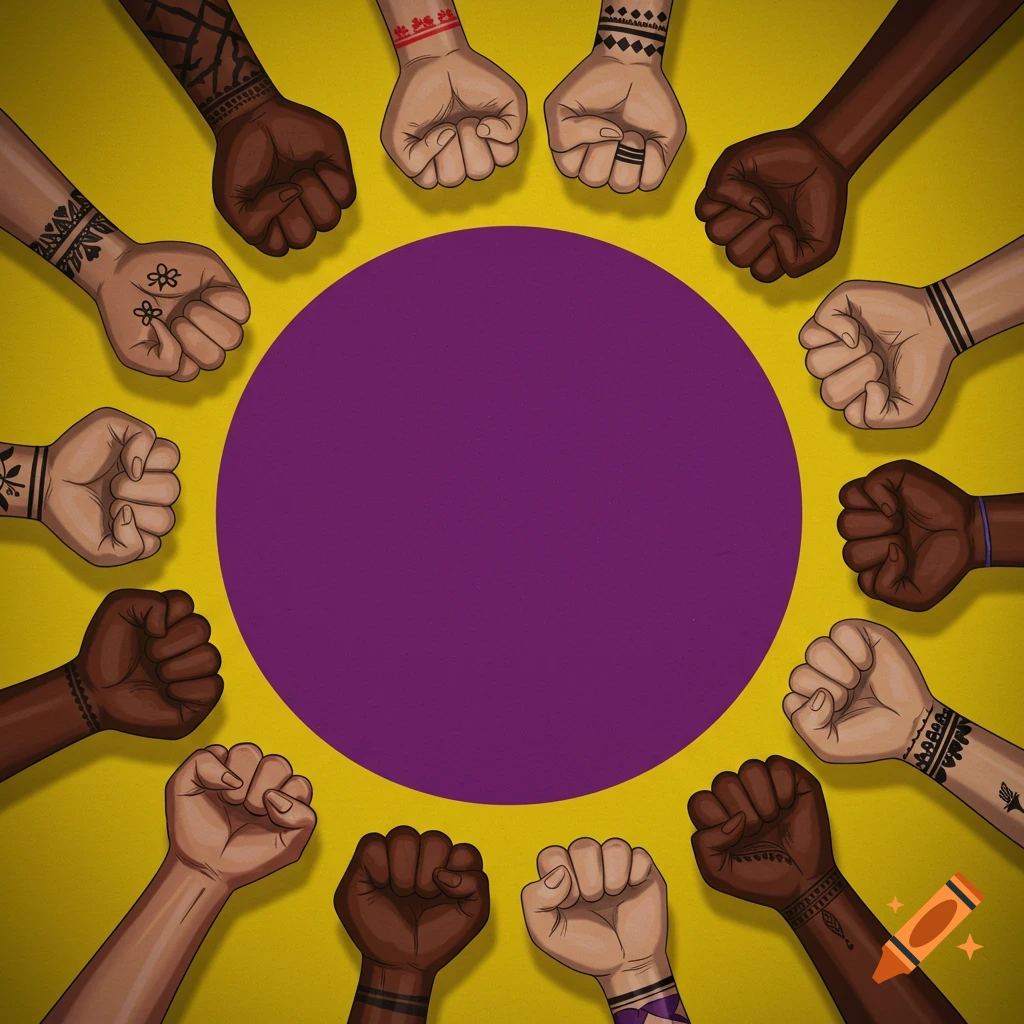 An illustration of diverse fists in a circle, surrounding a purple circle on a yellow background, symbolizing unity.