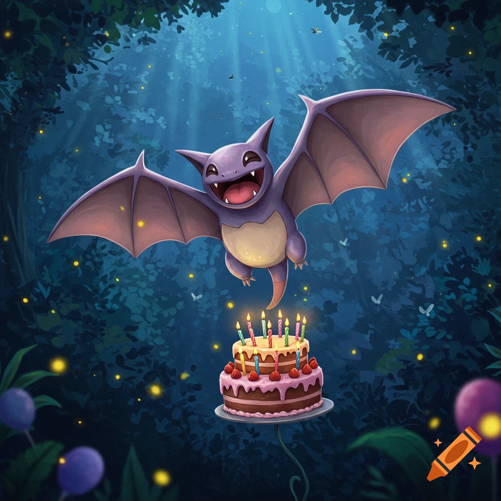 A cheerful purple Golbat with outstretched wings flies above a two-tier birthday cake in a glowing, dark forest.