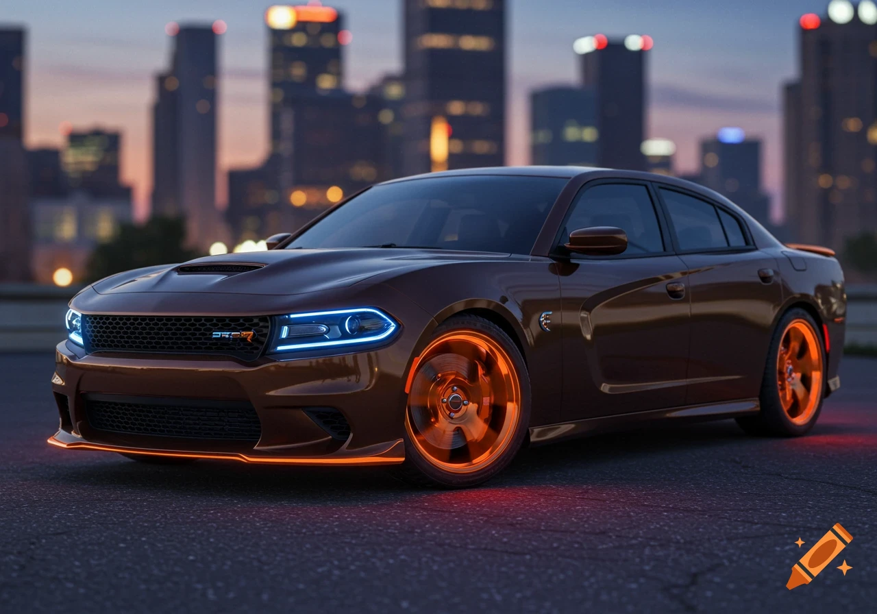 Dark brown Dodge Charger with blue headlights and orange glowing rims parked on a street against a city skyline at dusk.