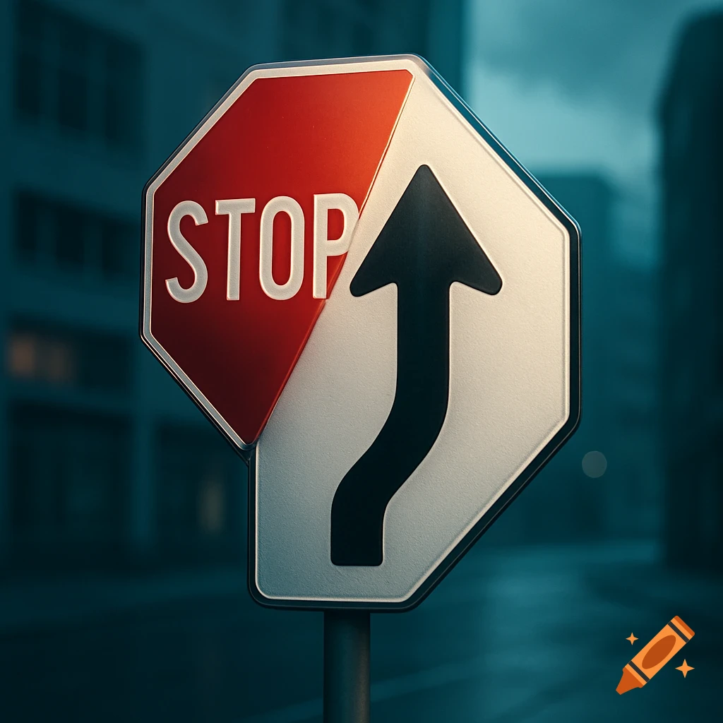 A close-up of a road sign merging a red stop sign with white text and a white merge sign with a black curved arrow.