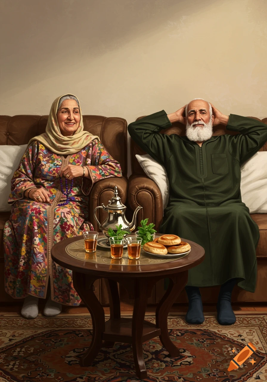 An illustration of an elderly Moroccan couple relaxing on brown sofas in their living room, enjoying mint tea and pastries.