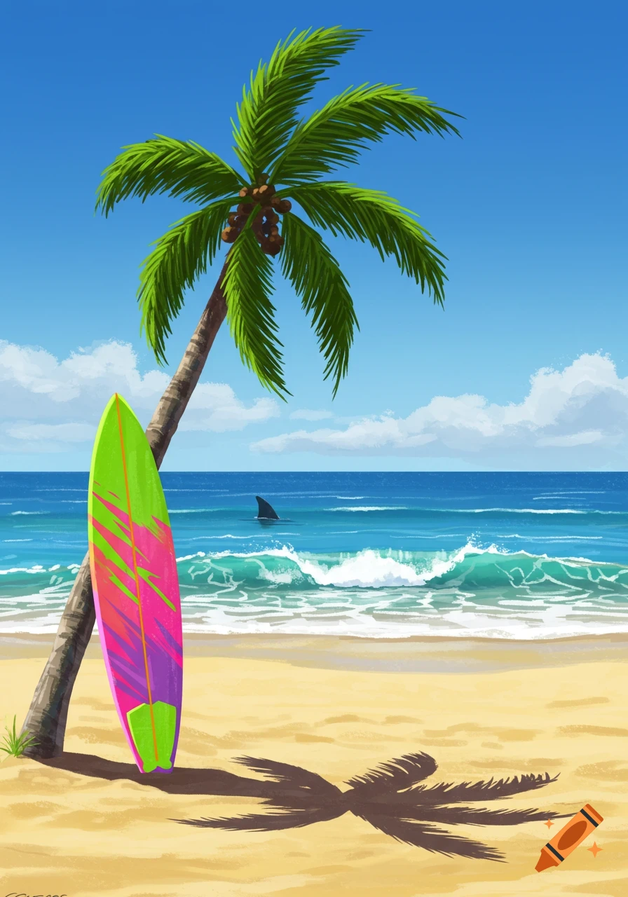 A colorful illustration of a beach with a palm tree, a bright surfboard leaning against it, and a shark fin in the ocean.