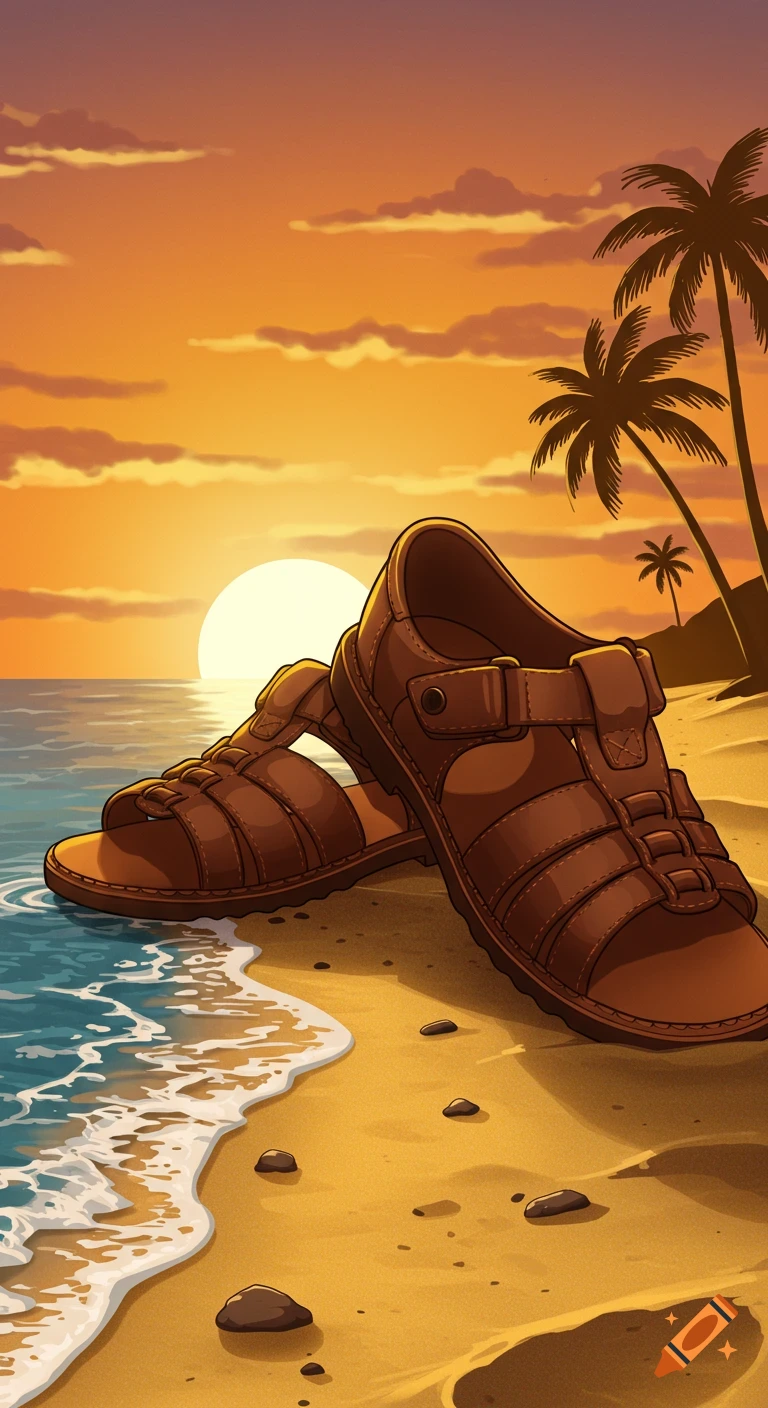Illustrated brown leather sandals on a sandy beach with palm trees and a sunset over the ocean.