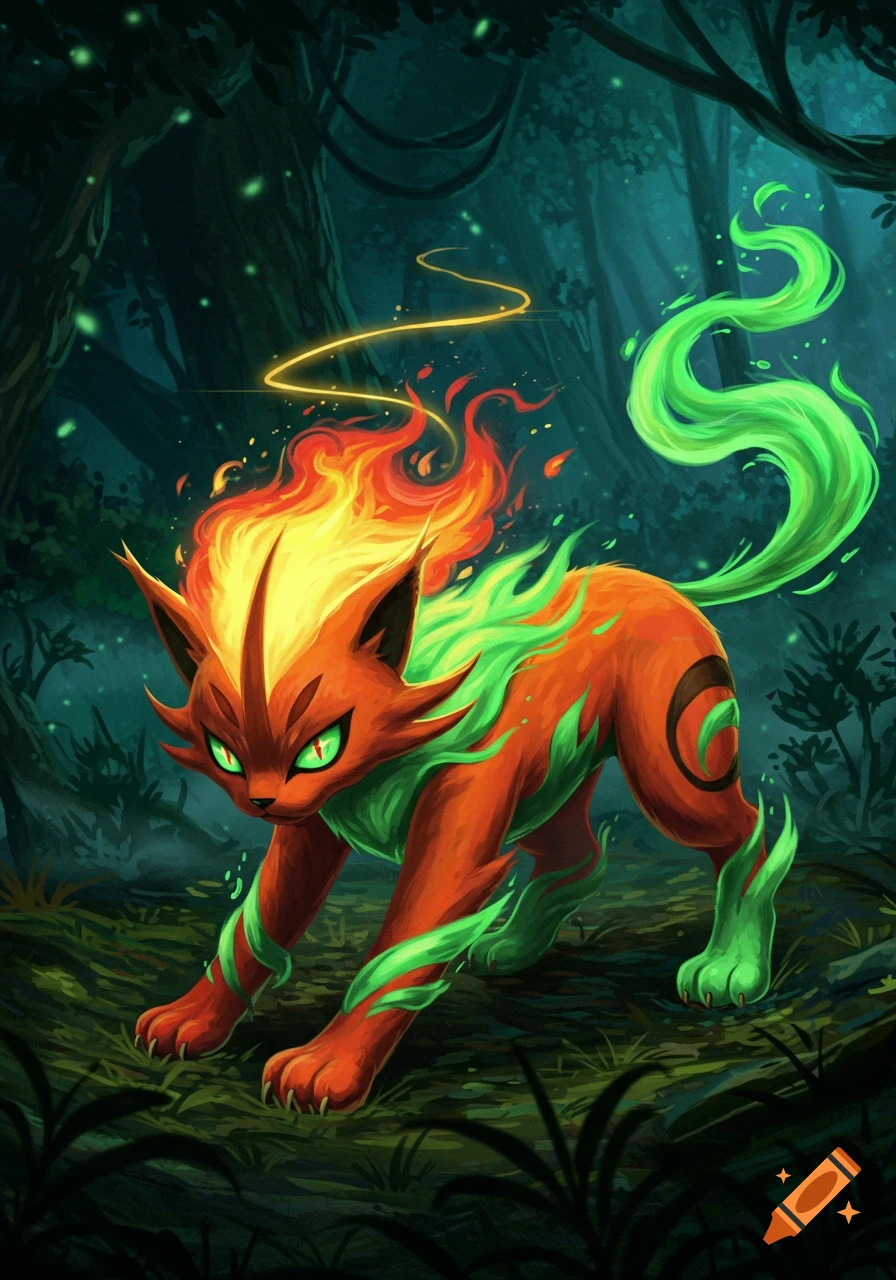 A fire and poison type cat-like Pokemon with glowing green eyes and fiery fur in a dark, magical forest.