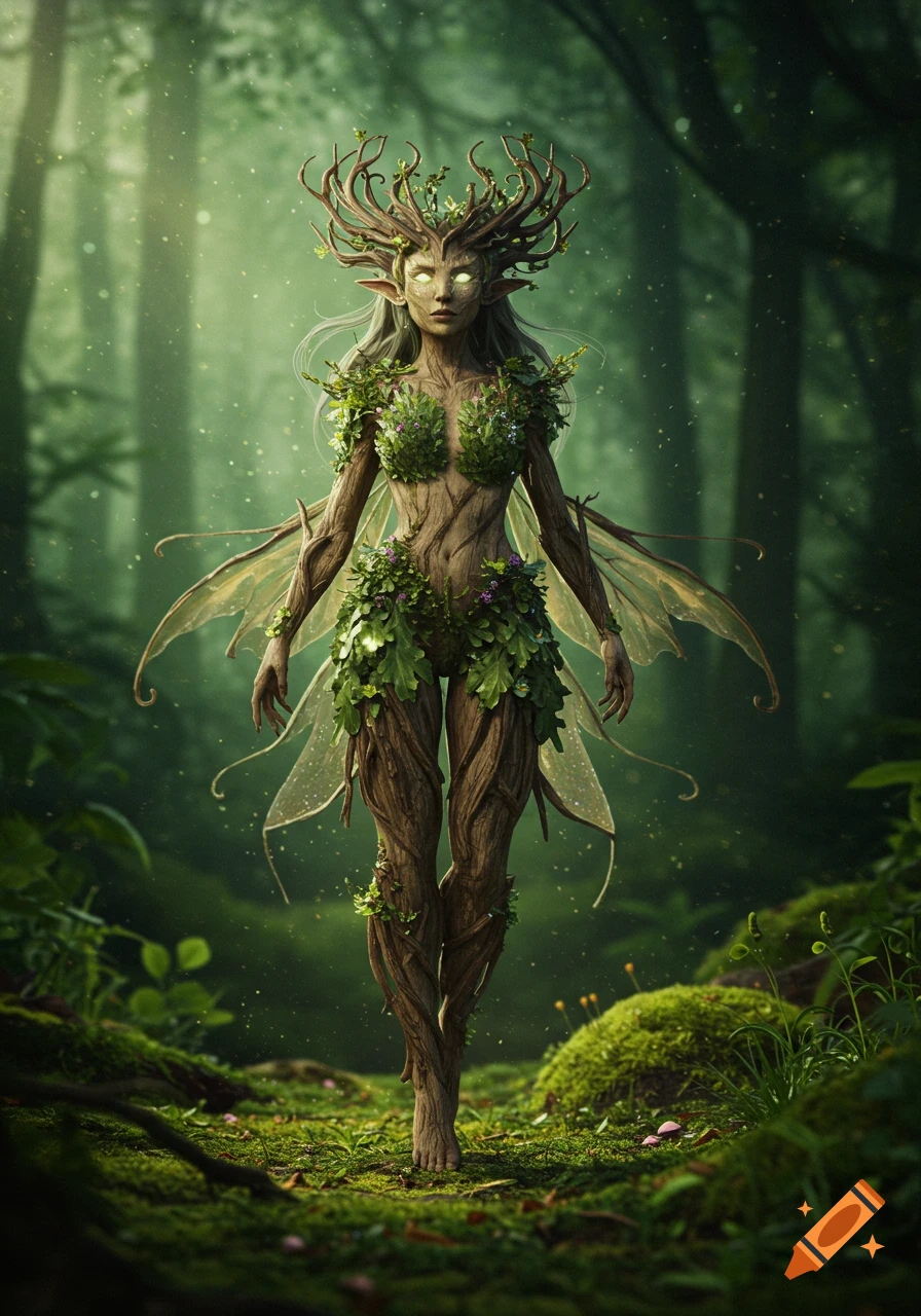 A stunning, highly detailed dryad-fairy with a bark-like body and antlers, glowing eyes, and ethereal wings, covered in leaves and foliage, standing in an enchanted forest.