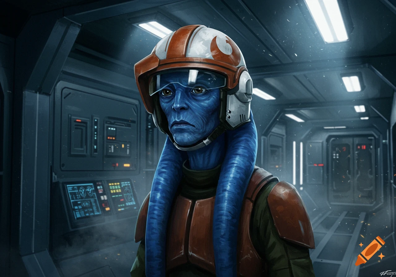 A blue-skinned alien in an orange and white pilot's helmet with a Rebel Alliance symbol, standing in a spaceship corridor.