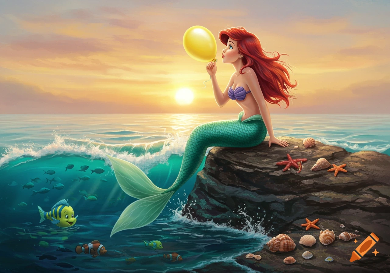 Cartoon of Ariel the mermaid sitting on a rock, blowing a yellow balloon, with Flounder swimming in the ocean at sunset.