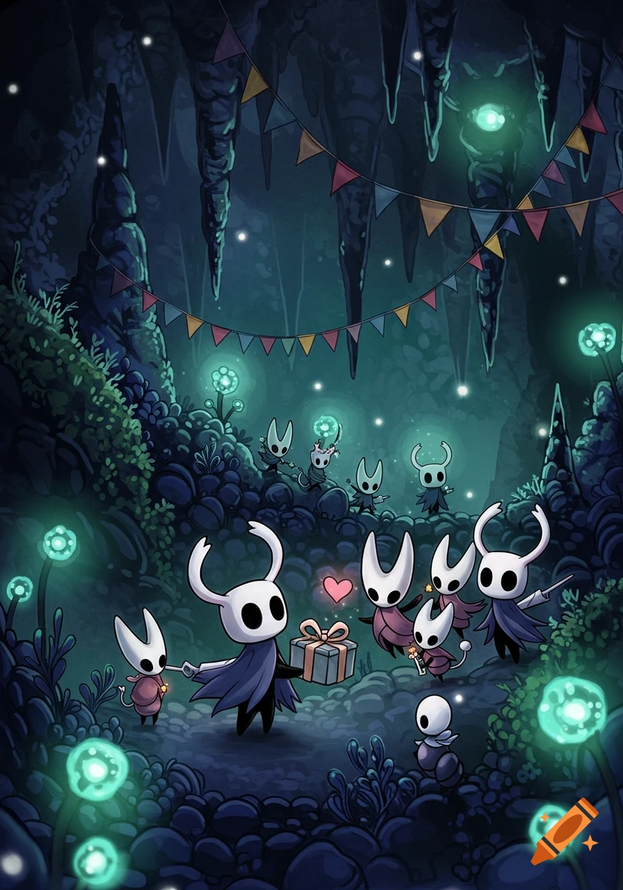 Hollow Knight characters celebrating in a dark, glowing cave, one presenting a gift, banners strung above.