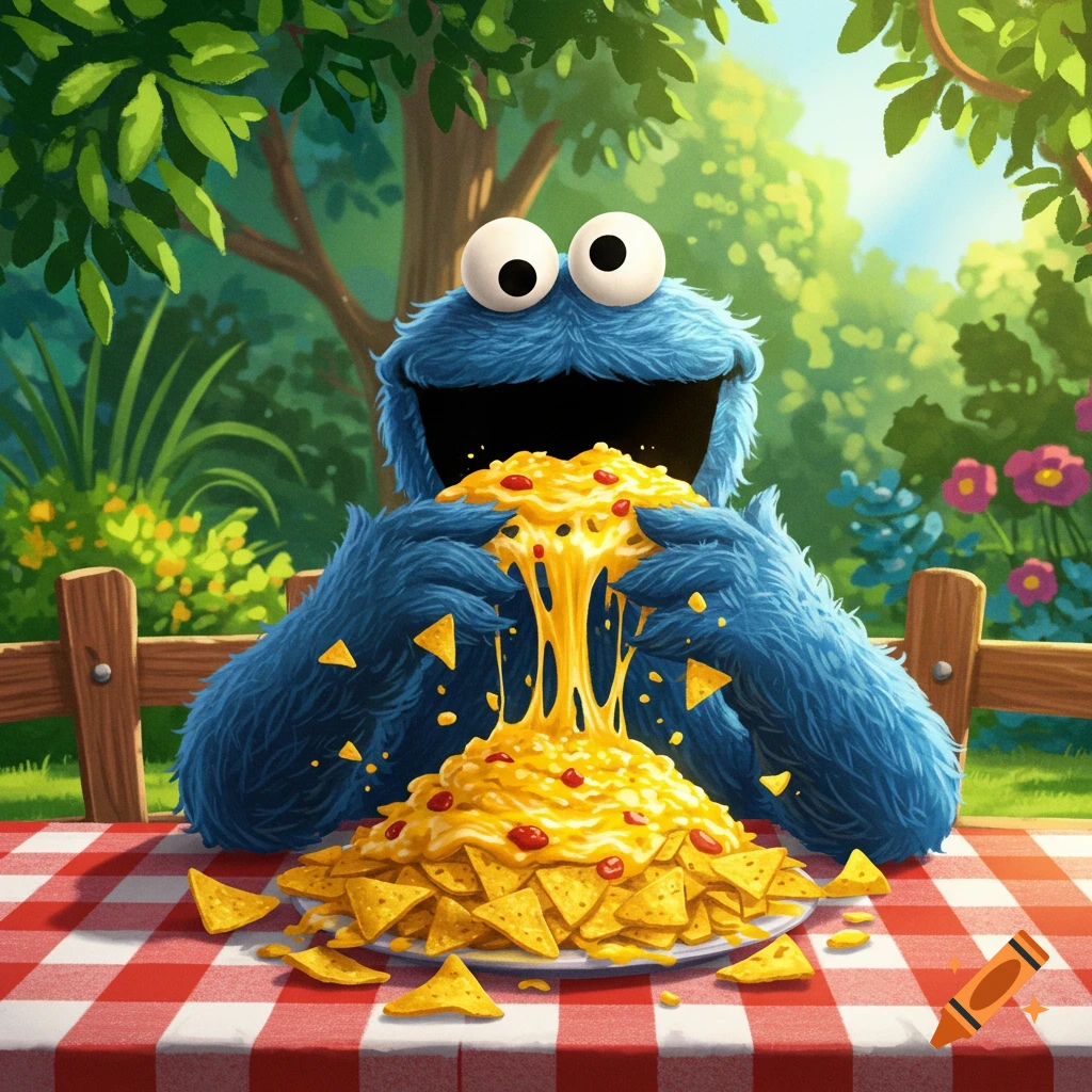 Cookie Monster happily devours a large plate of cheesy nachos at a picnic table outdoors, in a vibrant cartoon illustration.