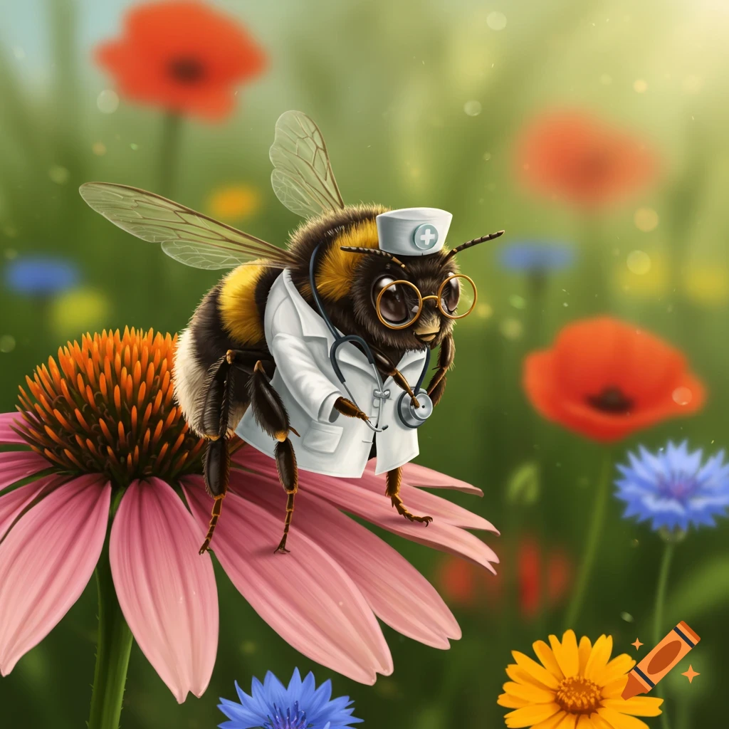 A whimsical illustration of a bumblebee doctor in a white coat and glasses, standing on a pink coneflower in a vibrant field.