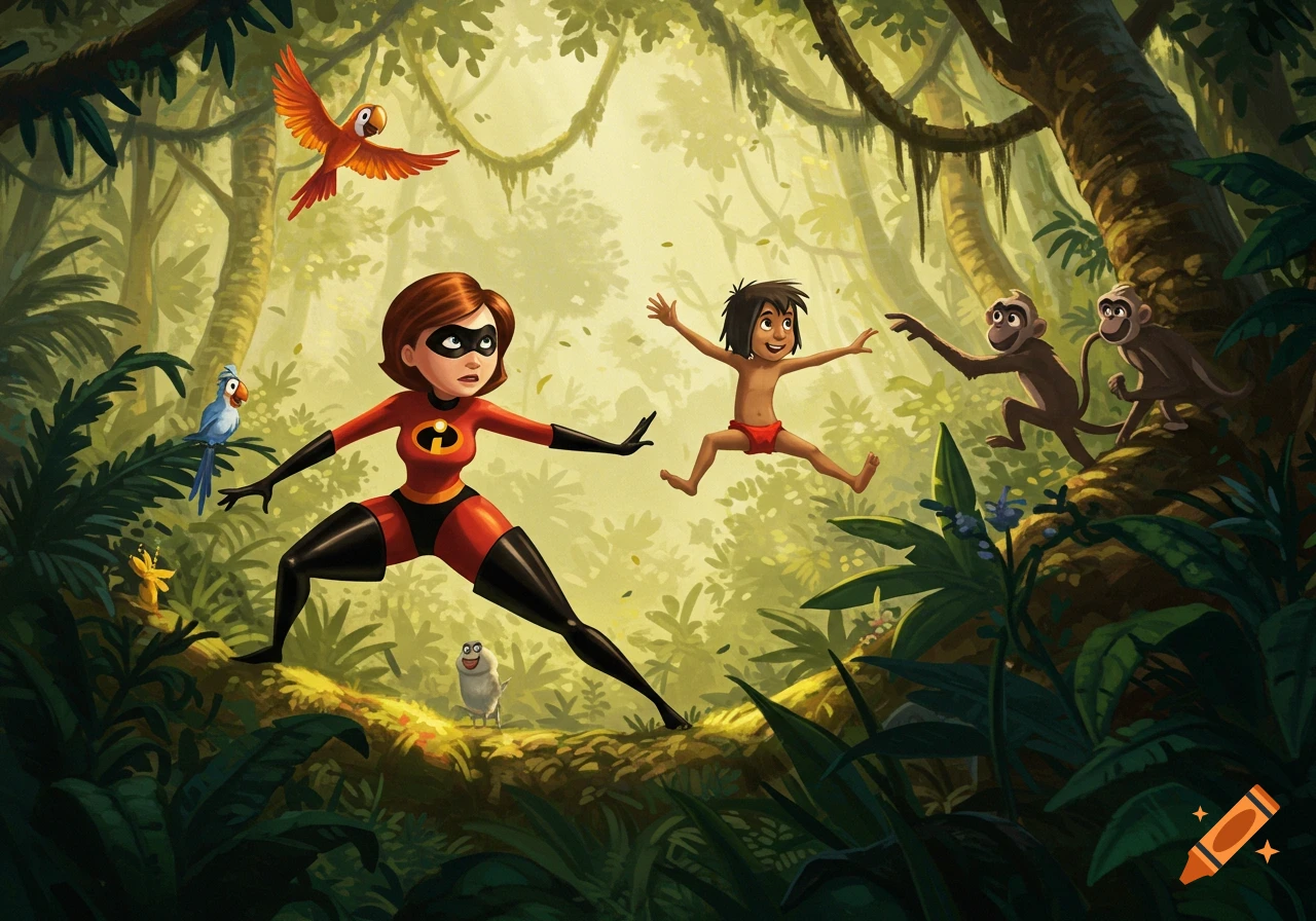 Elastigirl and Mowgli in a vibrant jungle with monkeys, parrots, and a glowing light source. Illustrated cartoon style.