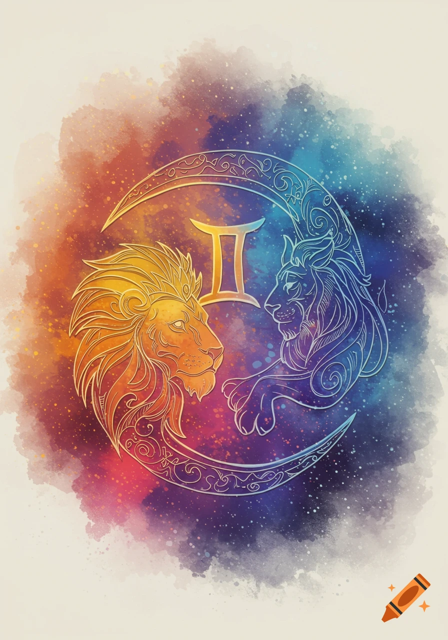 Vibrant watercolor art with two stylized lions, a crescent moon, and the Gemini symbol on a cosmic background.