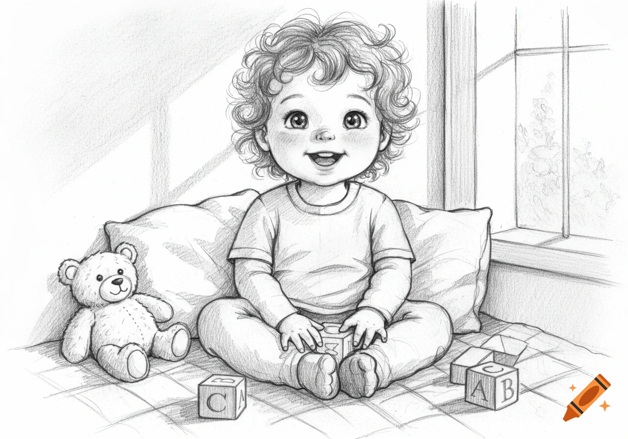 A happy baby with curly hair sits cross-legged next to a teddy bear and alphabet blocks in a pencil drawing style.