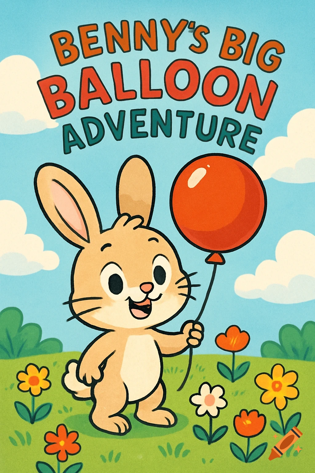 A cute cartoon bunny holding a red balloon in a sunny meadow with flowers, in a children's book illustration style.