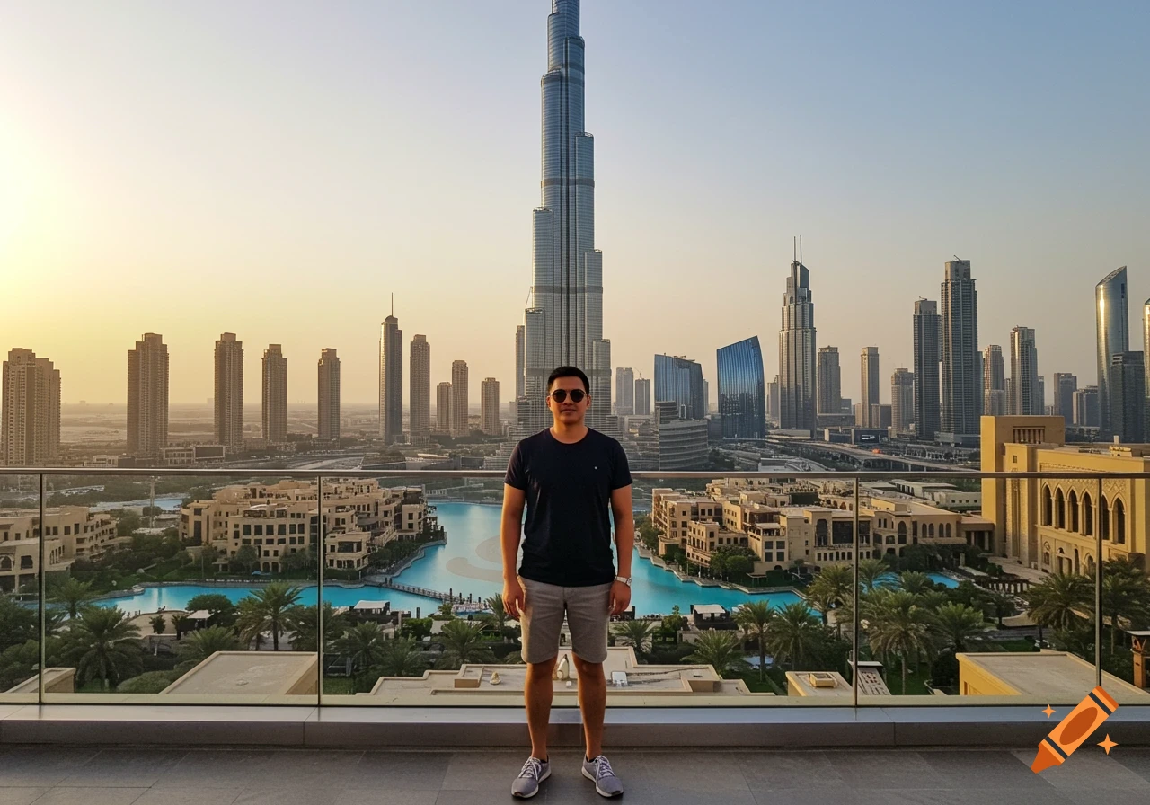 Man stands on a balcony overlooking the Dubai cityscape, featuring the Burj Khalifa and other skyscrapers.