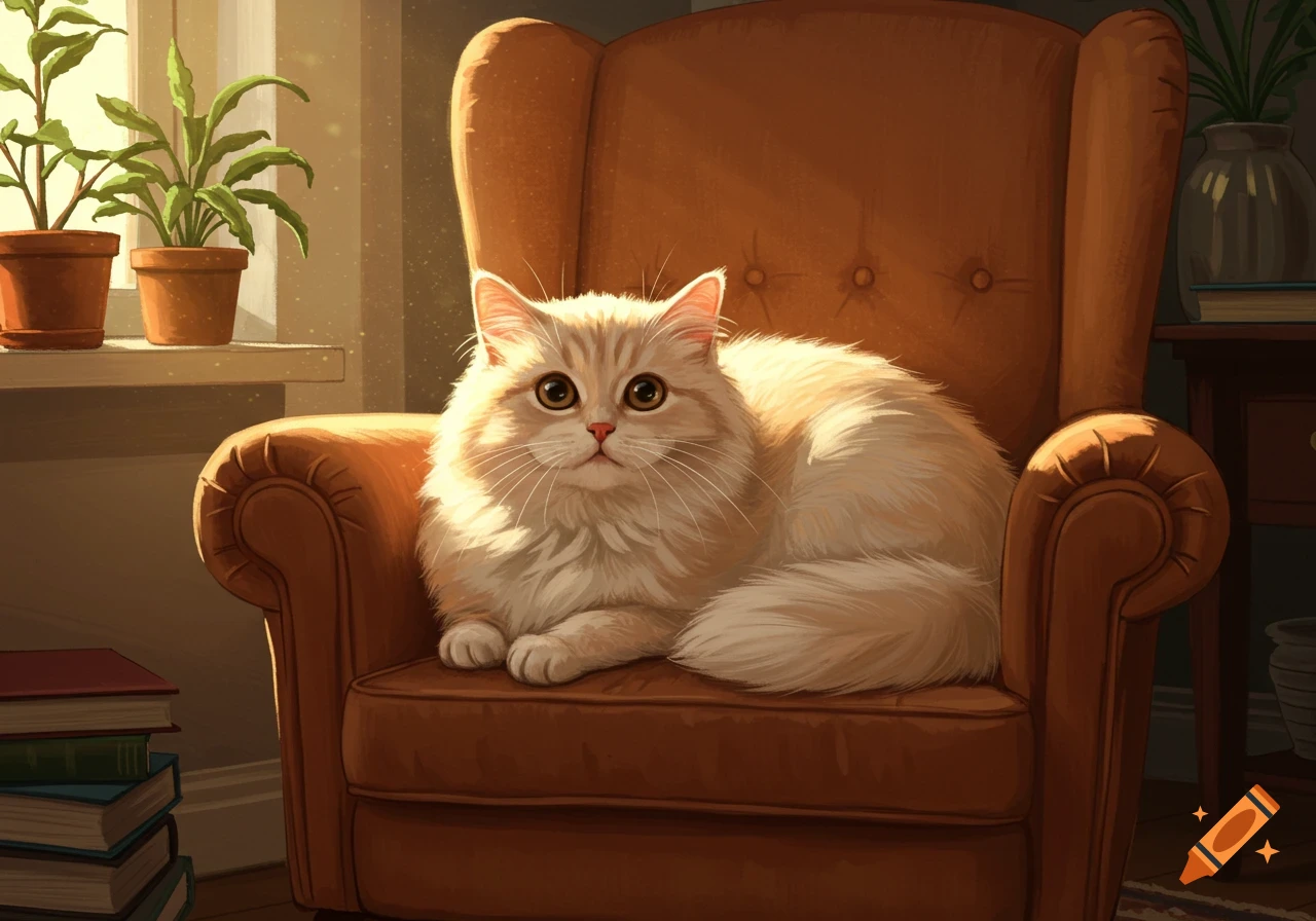 A fluffy, cream-colored cat sits on a brown armchair in a sunlit room, rendered in an illustration style.