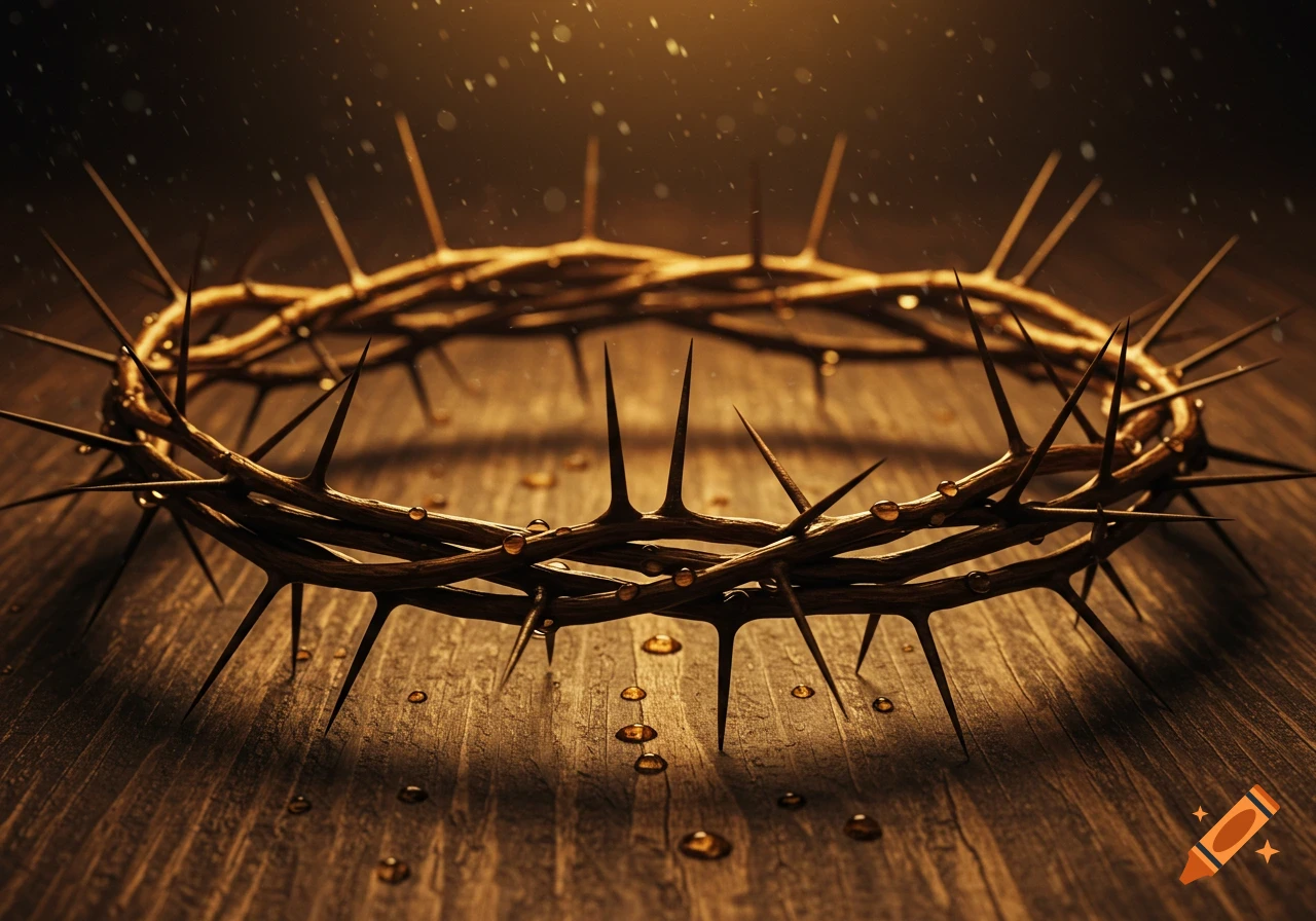 A crown of thorns with water droplets rests on a dark wooden surface, illuminated by golden light.