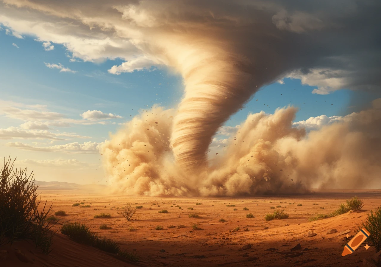 A powerful tornado of sand and dust sweeps across a vast, arid desert landscape under a partially cloudy sky. Photorealistic.