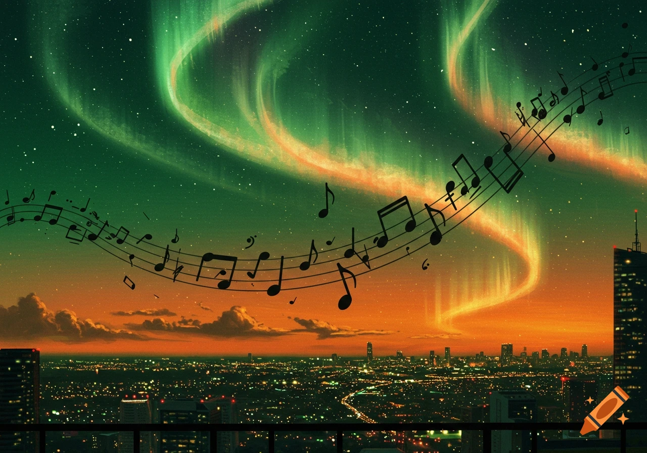 A vibrant green and orange aurora glows over a sprawling city at night, with black musical notes floating through the sky.