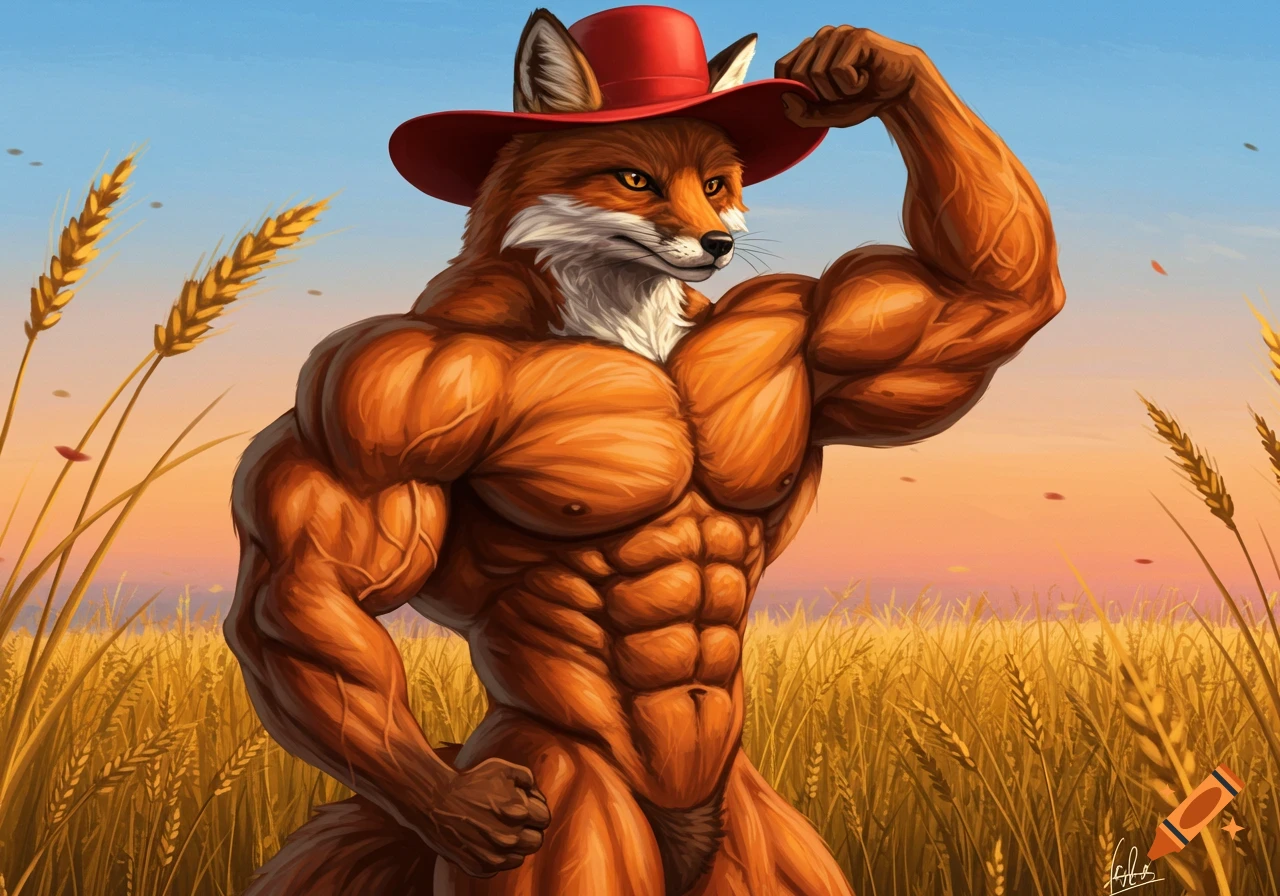 A muscular anthropomorphic fox with a red hat flexing its arm in a wheat field under a blue sky, illustration.