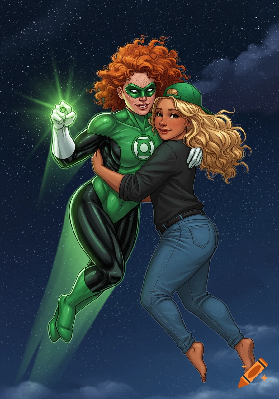 A red-haired Green Lantern superhero flies with her blonde wife through a starry night sky in a vibrant comic art style.