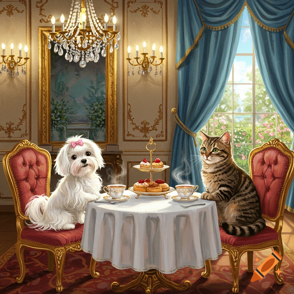 A white Maltese dog and a tabby cat sit at an ornate table with tea and pastries in a lavish baroque room with a garden view.