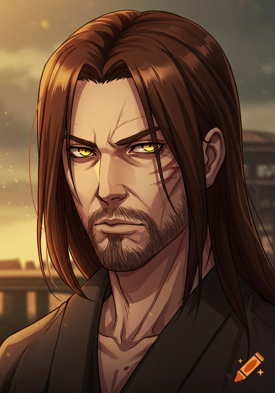 Anime style portrait of an adult man with long brown hair, stubble, yellow eyes, and a facial scar.