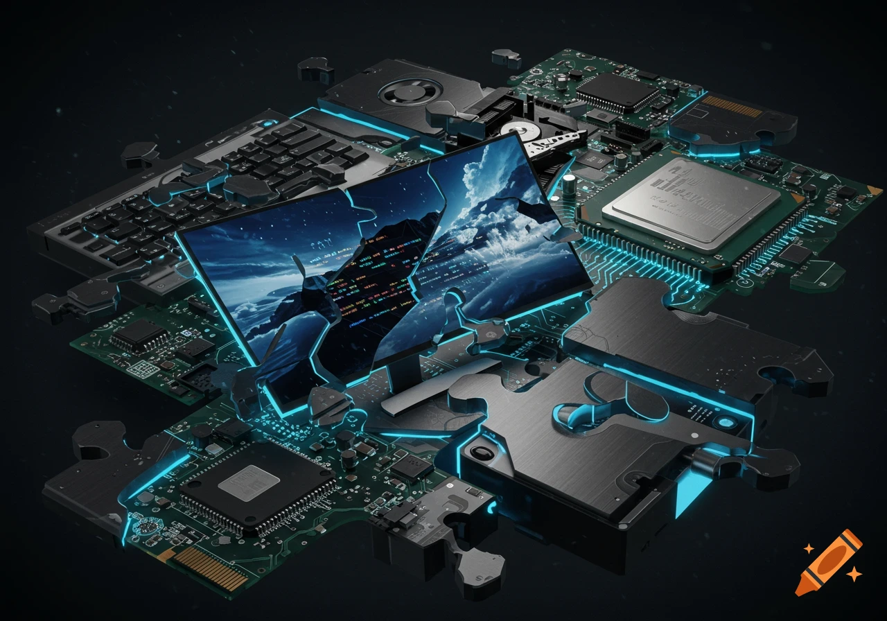 Exploded view of computer hardware components in a puzzle form with blue glowing circuits, centered on a screen with fragmented landscape and code.