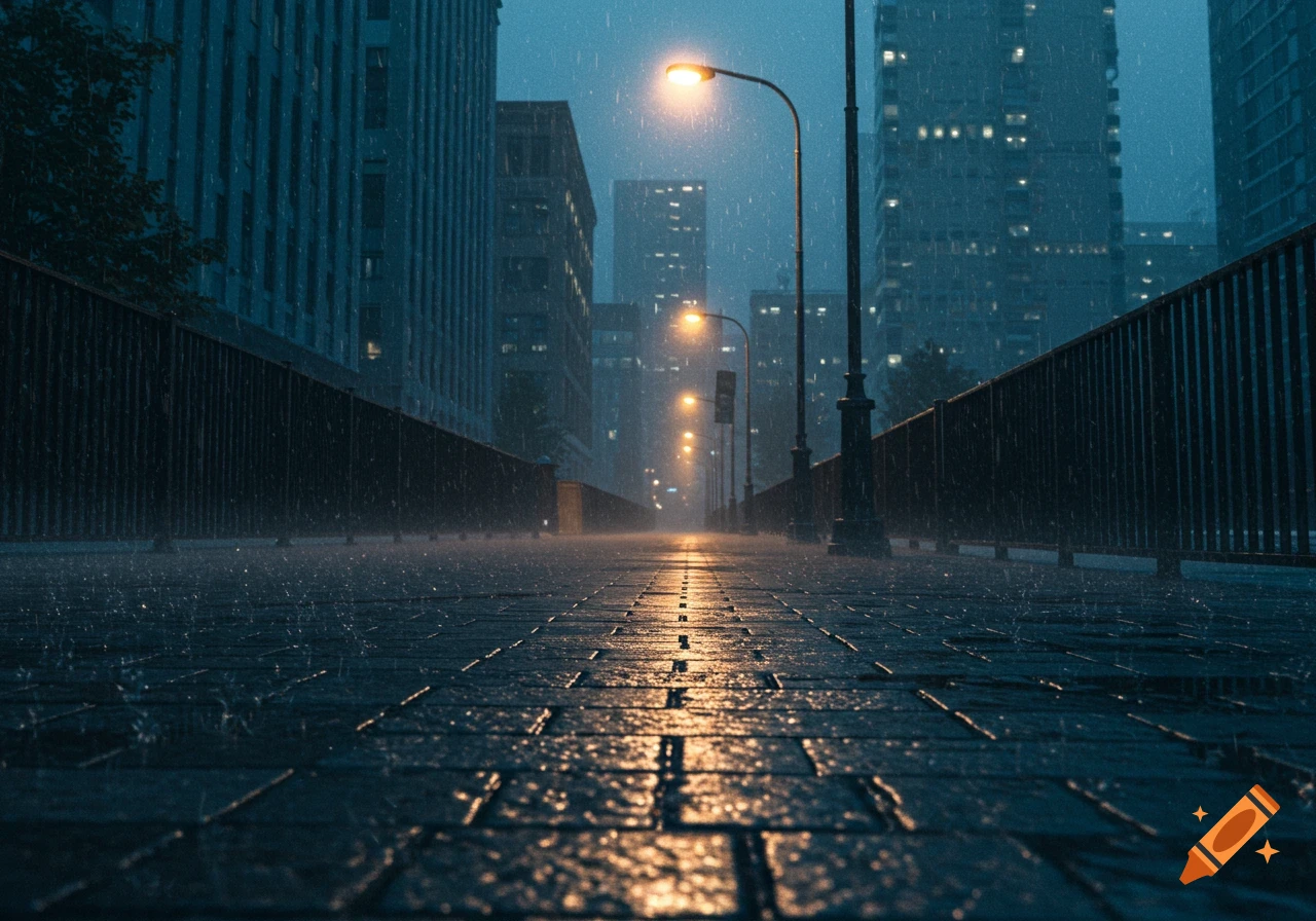 Photorealistic low-angle view of a wet, tiled city street in heavy rain, reflecting street lamps, with distant skyscrapers.