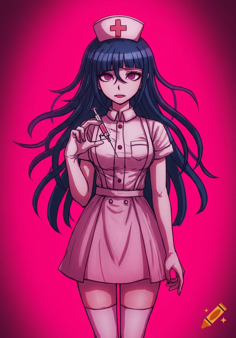 Anime character Mikan Tsumiki in a nurse uniform holds a syringe against a hot pink background.