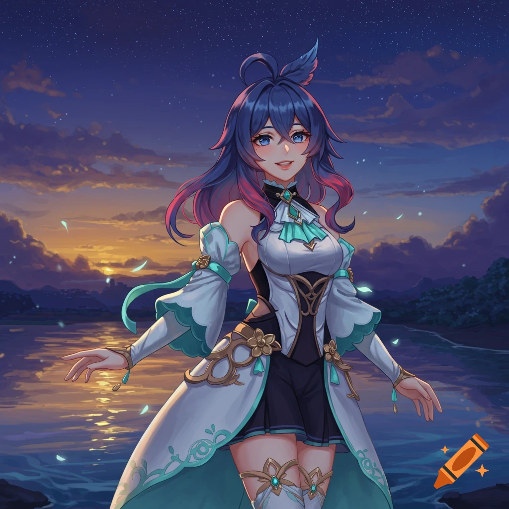 An anime girl with blue and pink hair, wearing a white and teal outfit, stands by a lake at sunset with a starry sky.