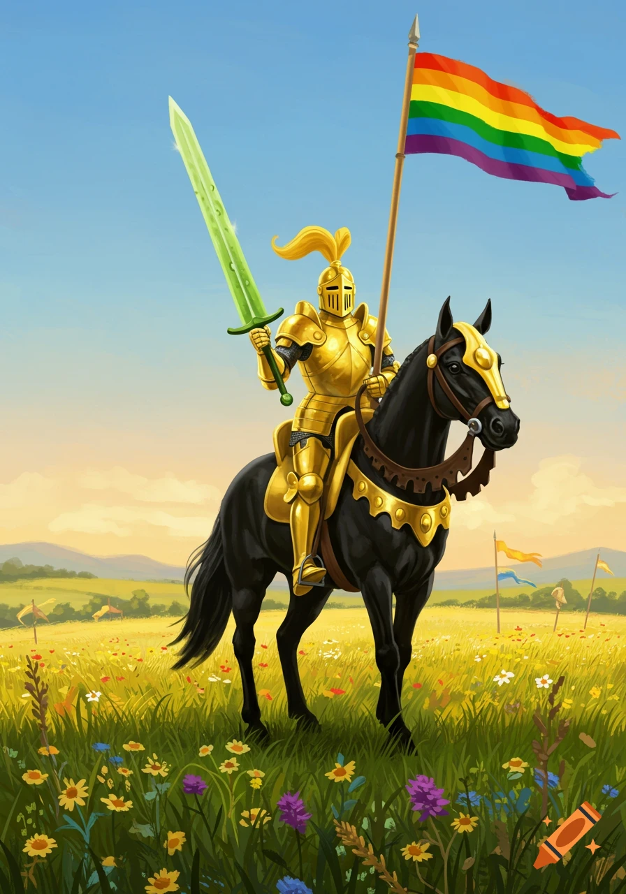 A golden armored knight riding a black horse through a field of wildflowers, holding a green sword and a rainbow pride flag.