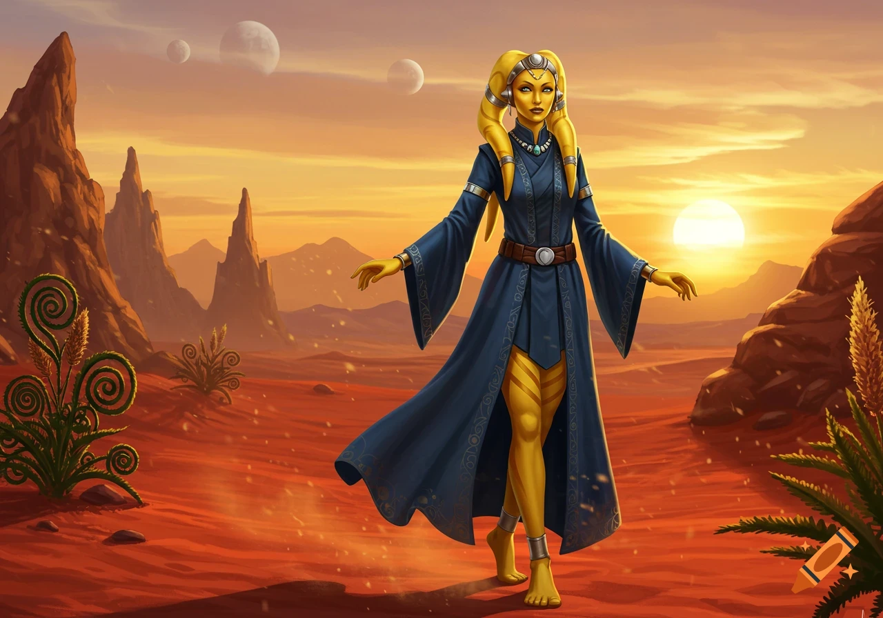 A yellow-skinned Twi'lek woman in a blue robe stands barefoot on a red desert planet at sunset, with spires and moons.