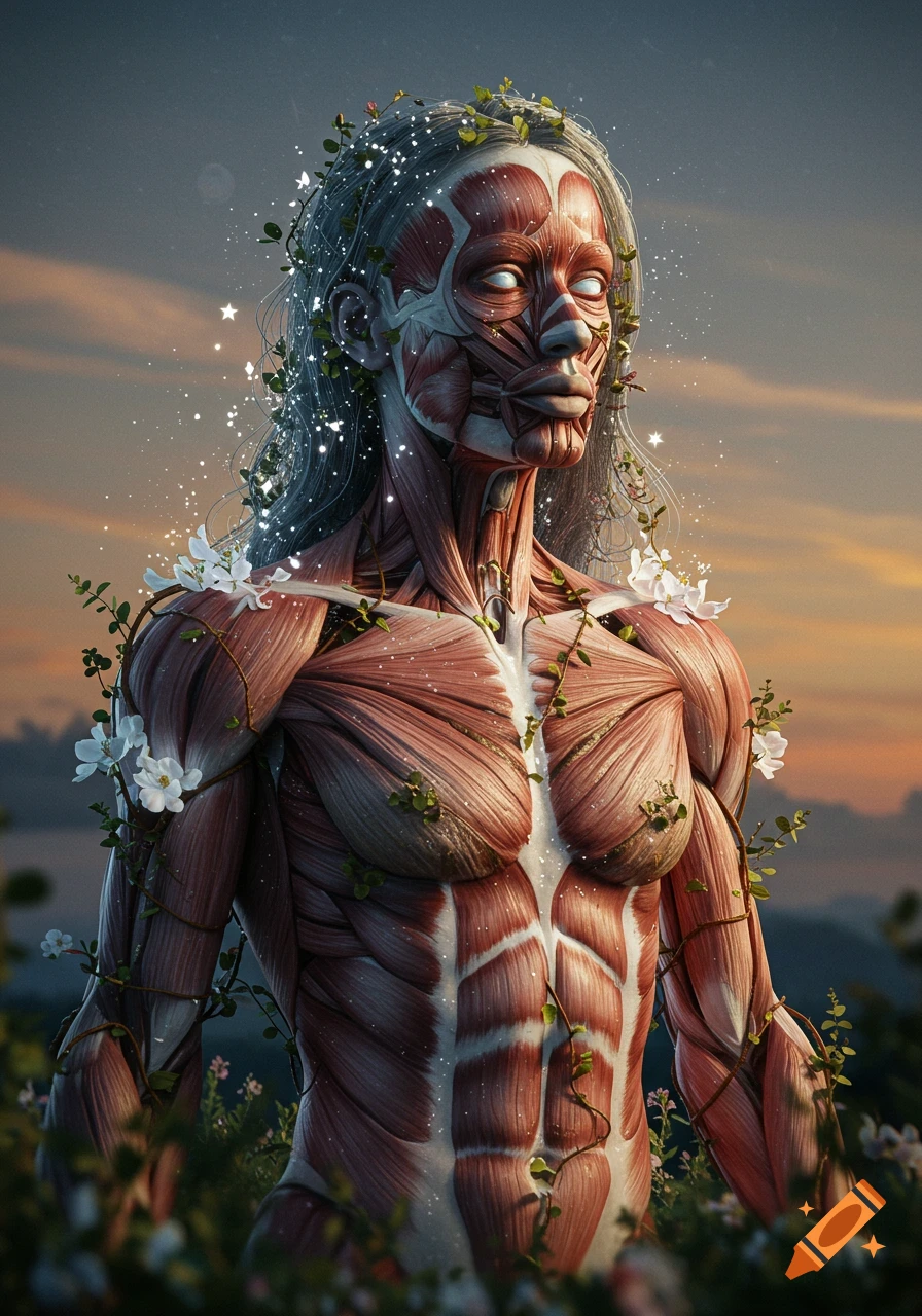 Surreal muscular figure with vines, white flowers, and sparkling hair against a sunset sky.