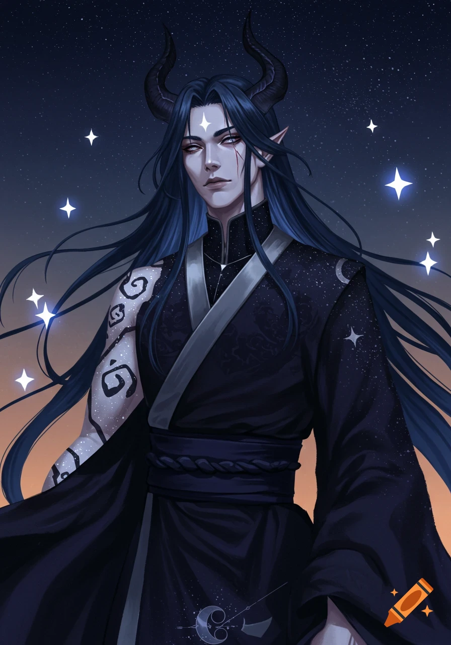 Male fantasy character with horns, long blue hair, pale skin, scar, in a dark starry kimono, against a night sky.