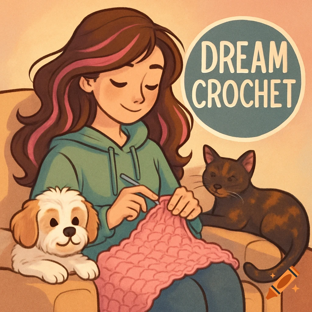 A cartoon woman with brown hair and pink highlights crochets a pink blanket, flanked by a white dog and a tortoiseshell cat. A logo reads 'DREAM CROCHET'.
