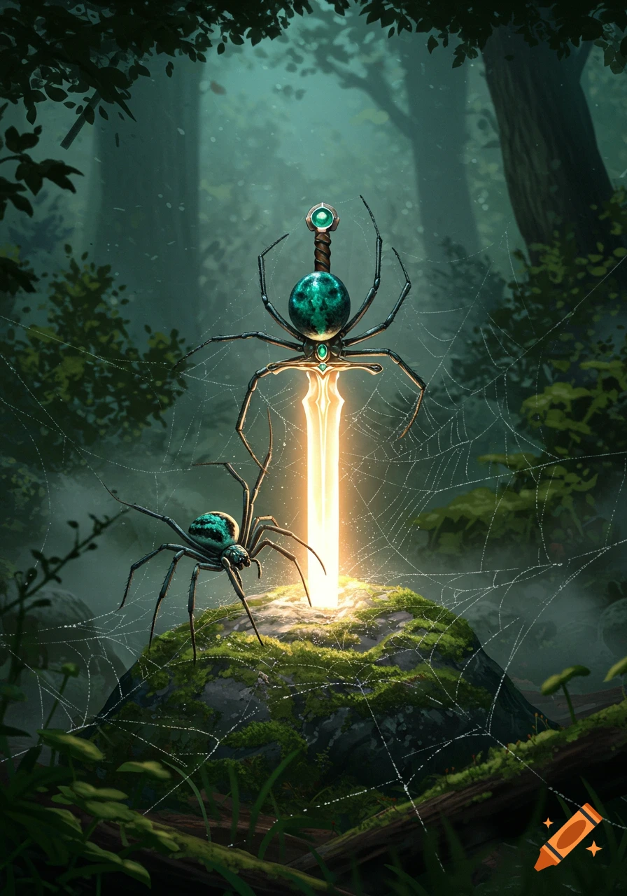 A glowing magical sword stands upright on a mossy rock in a dark forest, surrounded by intricate spider webs and two large spiders.