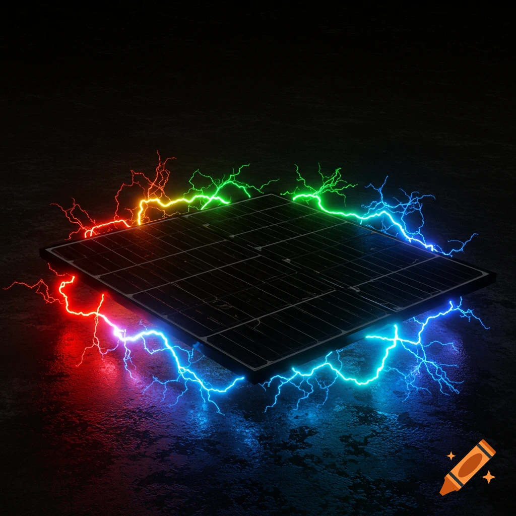A dark, glossy solar panel on a dark background is surrounded by vibrant, colorful lightning bolts, reflecting on the surface.