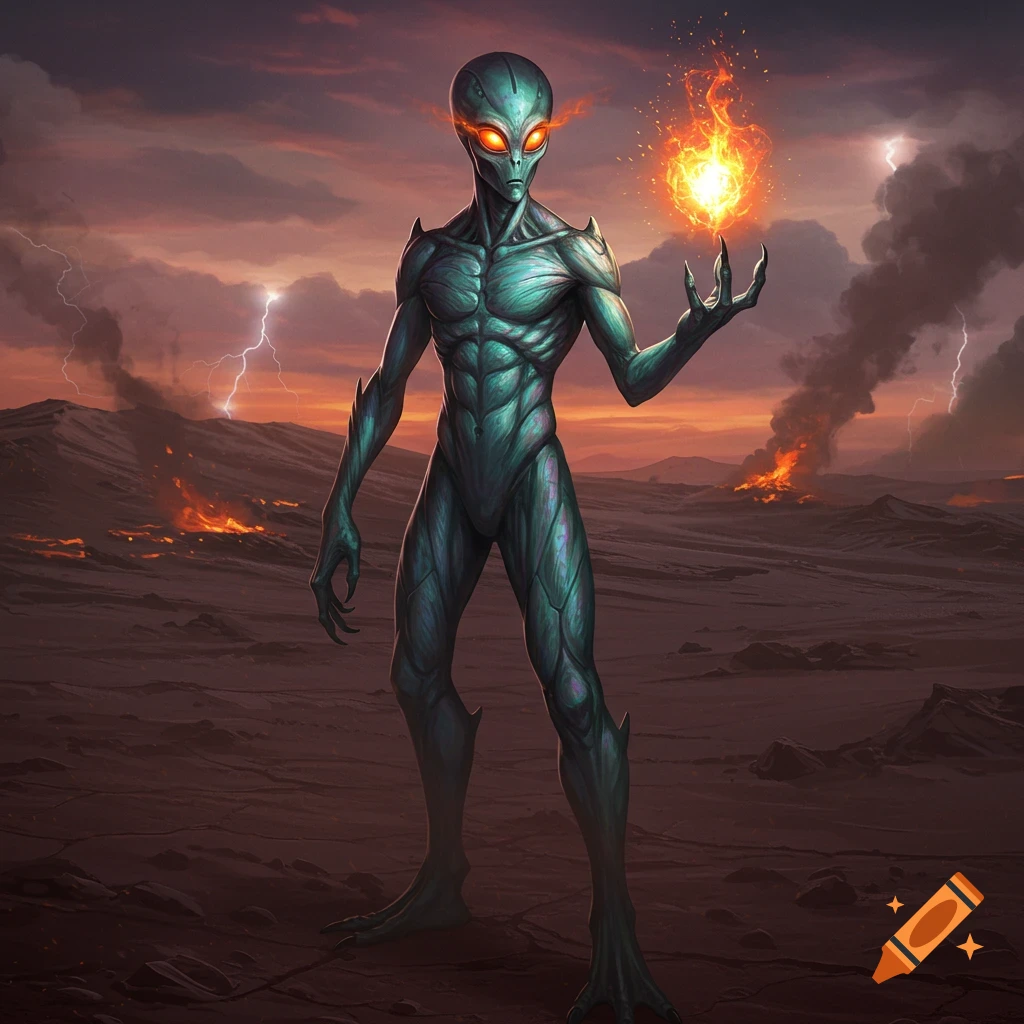 A teal alien with glowing orange eyes holds a fiery orb in a desolate volcanic landscape under a stormy sky with lightning. Digital art.