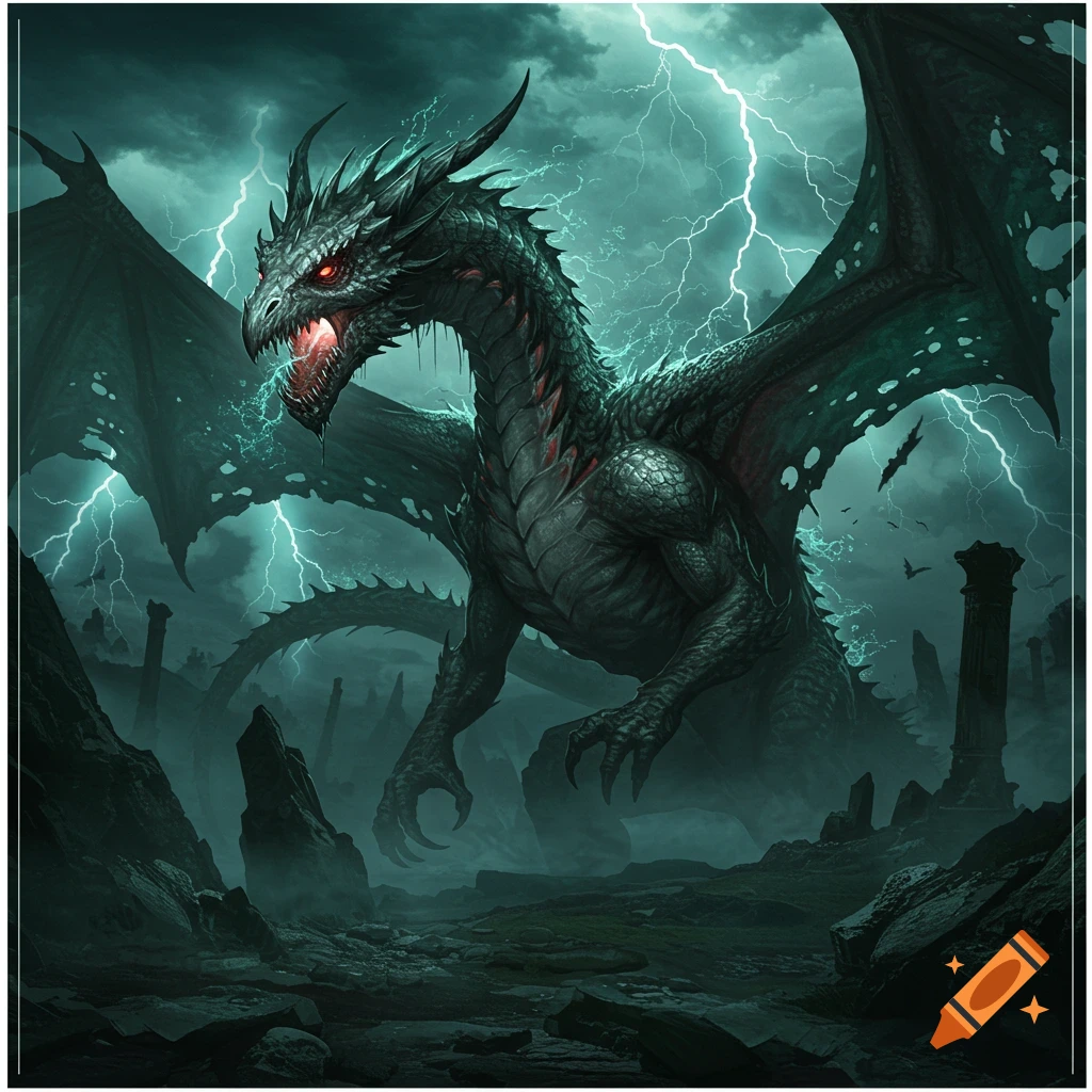 A menacing dark dragon with glowing red eyes roars as lightning strikes behind it in a misty, ruined landscape.