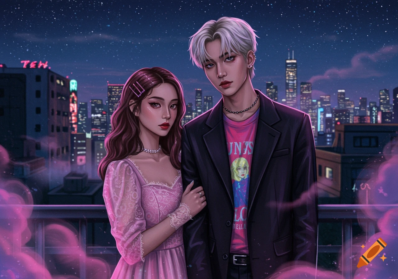 Stylized K-pop vibe couple with long hair and modern clothing stand on a rooftop at night with a city skyline.