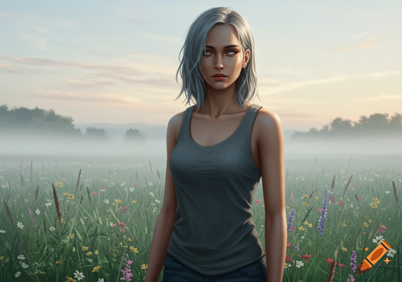 A photorealistic portrait of a young woman with silver hair and blue-gray eyes, wearing a gray tank top, standing in a misty field of wildflowers.